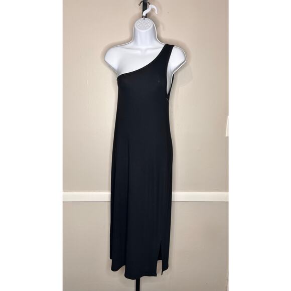NWT 41 Hawthorn One Shoulder Fitted Ribbed Bodycon Midi Dress Black Women's L - Picture 2 of 7